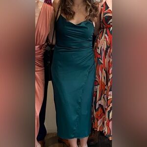 Sleeveless Satin Draped Midi Dress in Deep Green